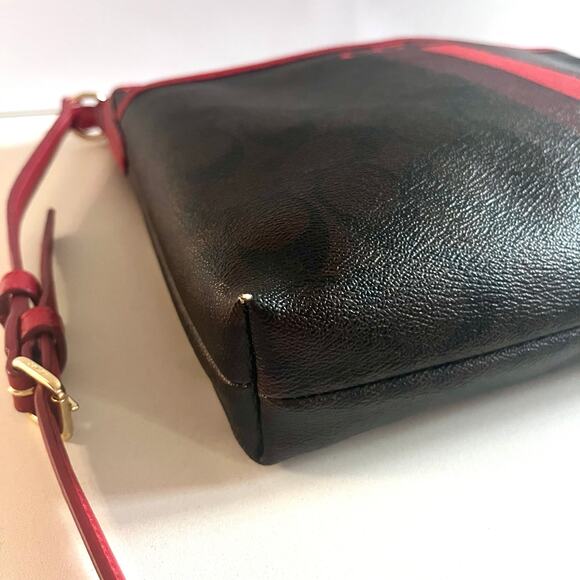 COACH Signature Leather Racing Stripe, Brown and Red, AUTHENTIC Crossbody - Picture 13 of 16